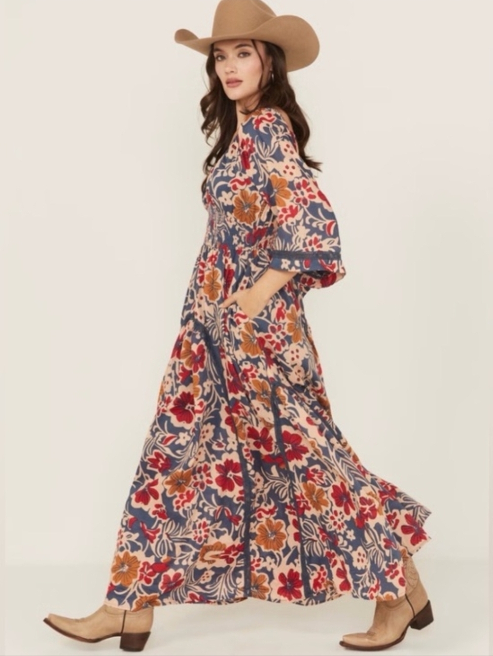 NWT Free People Printed Dixie V Neck 3/4 Sleeve Maxi Dress, Medium
